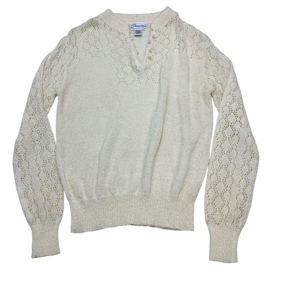 Vintage Persuasions Sweater M Ivory Textured Crochet Pearl Cottagecore Grandma